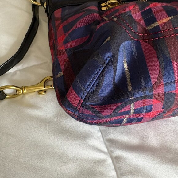 Coach Poppy 2way Shoulder Bag Red Blue Tartan Plaid Signature Canvas Patent Trim - Picture 7 of 16